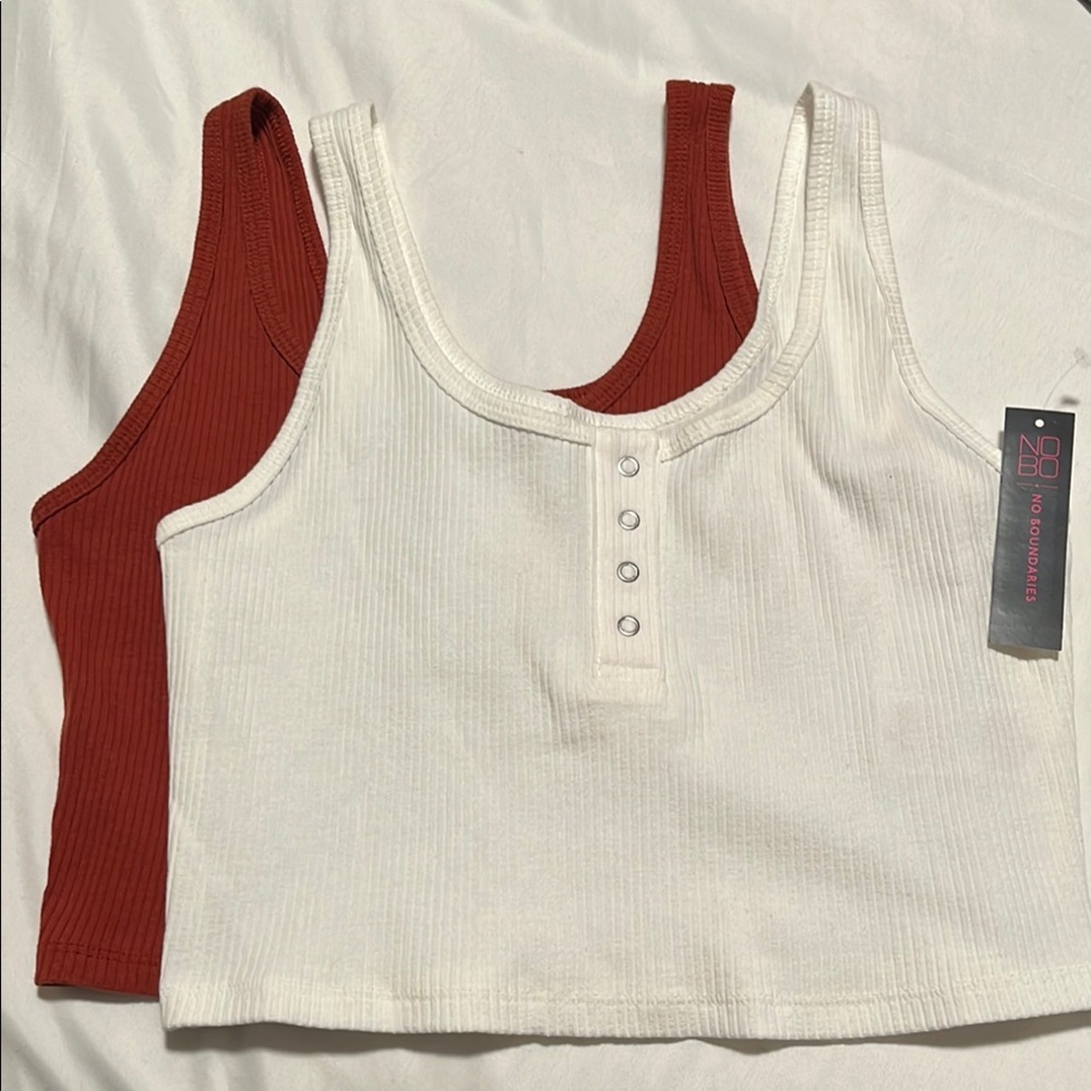Women's Ribbed Henley Crop Tank Tops - White and brown size M(7-9)